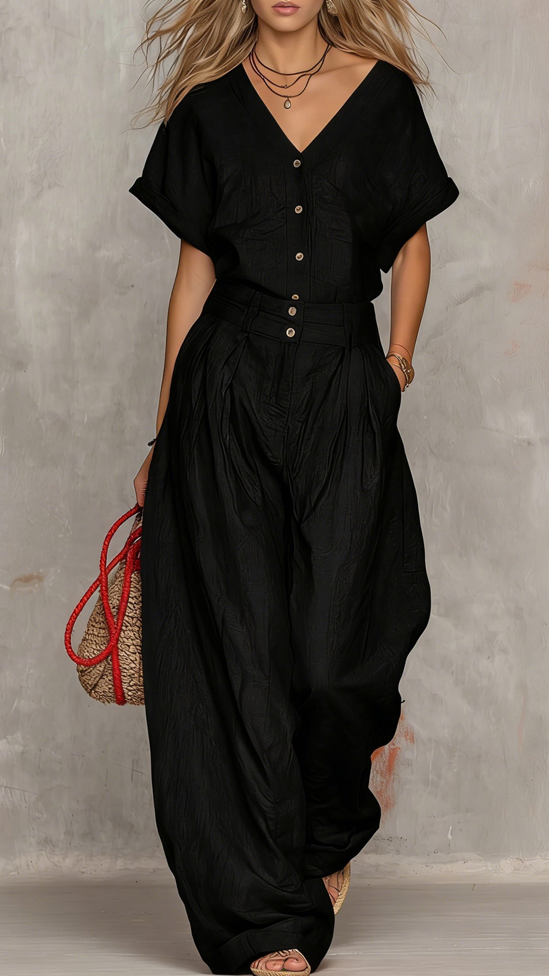 Women’s Cotton-Blend Textured V-Neck Top & Wide-Leg Pants Set