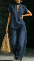 Women’s Cotton-Blend Denim-Effect Halter Neck Top & Wide-Leg Pants Set
