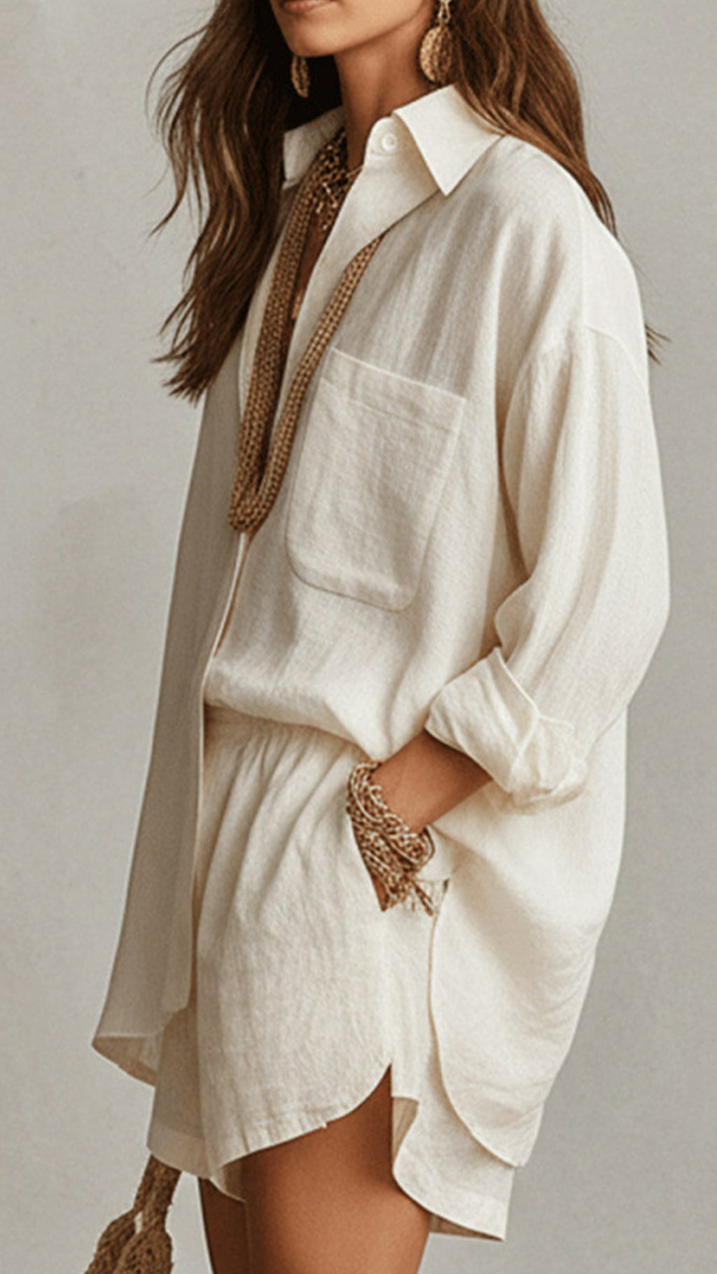 Women’s Cotton-Blend Textured Shirt & Shorts Set