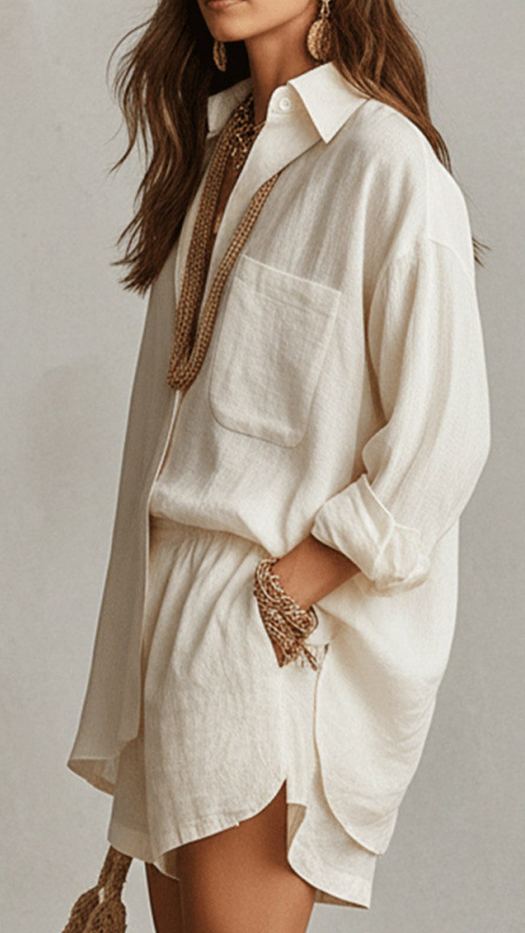 Women’s Cotton-Blend Textured Shirt & Shorts Set