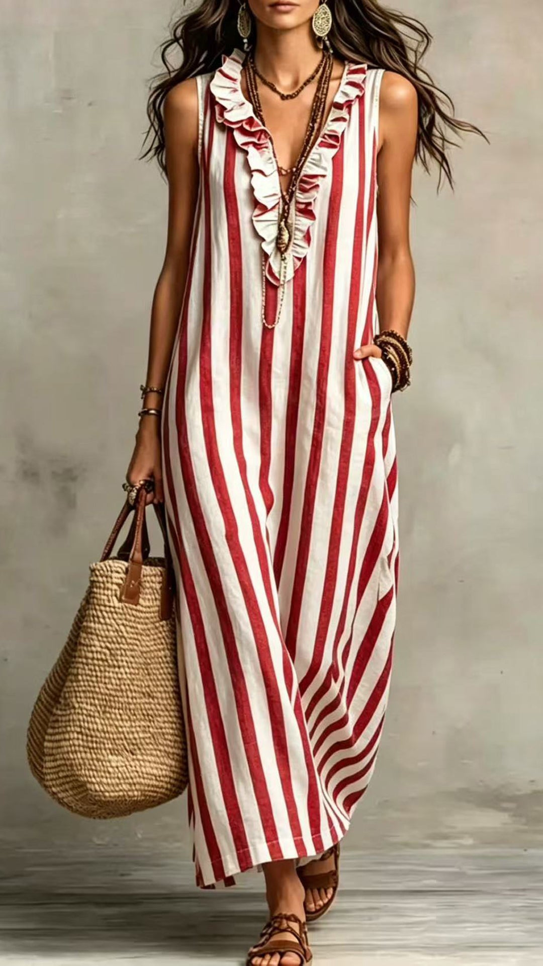 Women’s Cotton-Blend Striped Sleeveless Maxi Dress