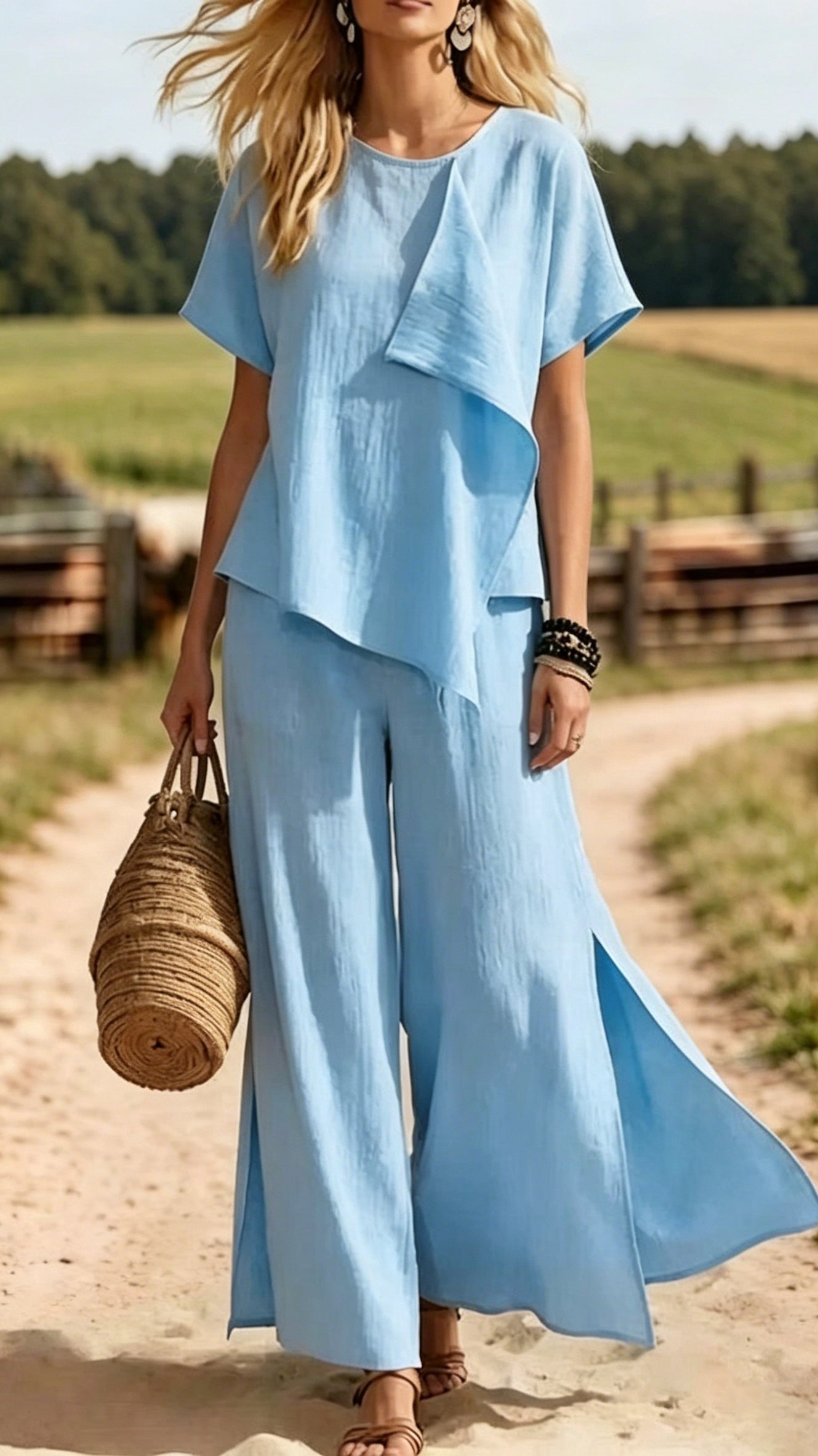 Women’s Stylish Casual Set: Irregular Short-Sleeve Top & Slit Wide-Leg Pants