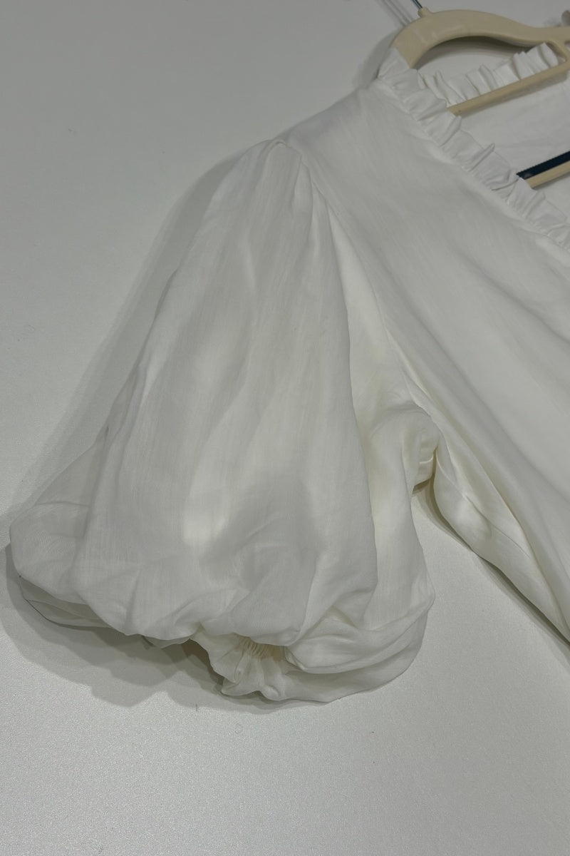 Women’s V-Neck Ruffle-Trim Puff-Sleeve Drawstring Dress