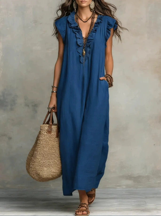 Women’s Solid Color Ruffled Art Casual Fashion Cozy Cotton Linen Dress