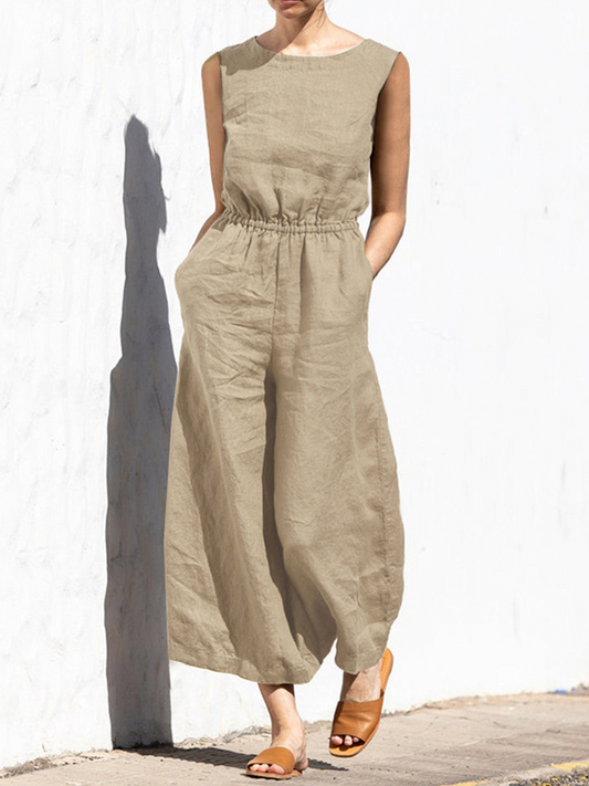 Women’s Solid Color Loose Elegant Casual Sleeveless Jumpsuit