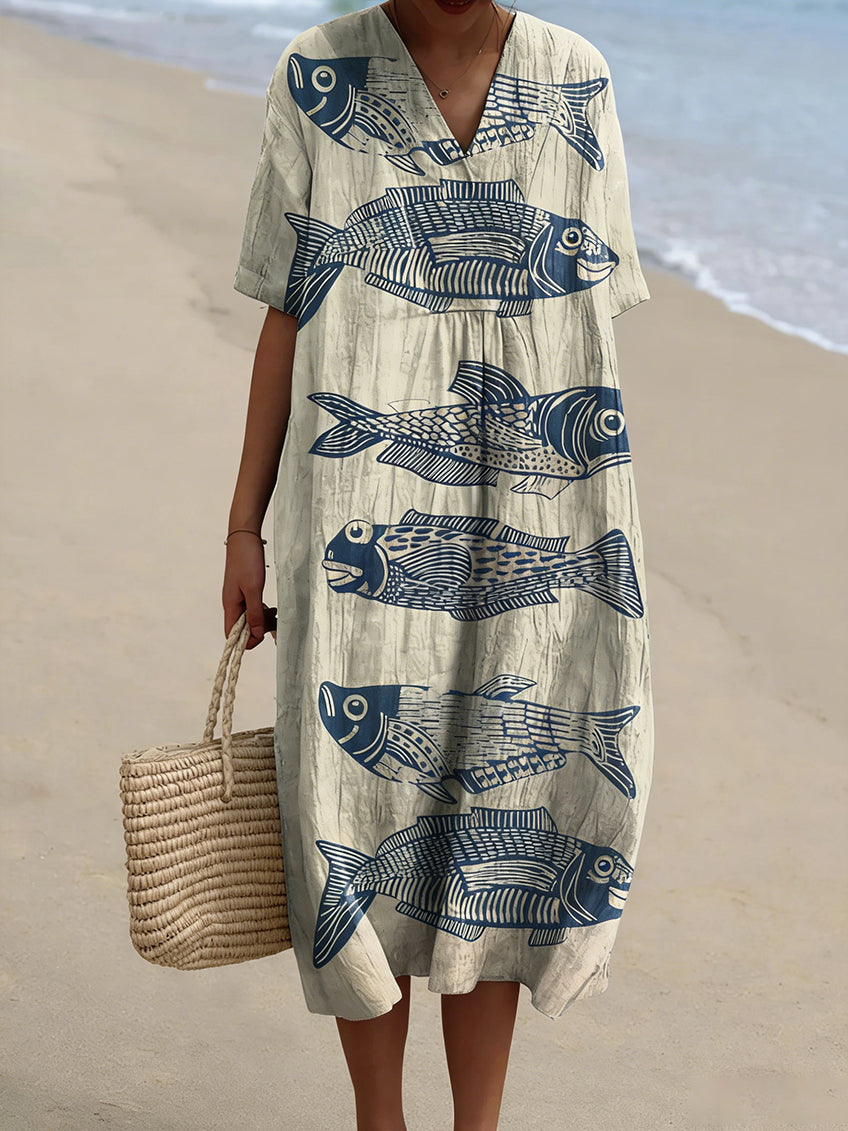 Women’s Vintage Lovely Fish Art Print Flowy Dress