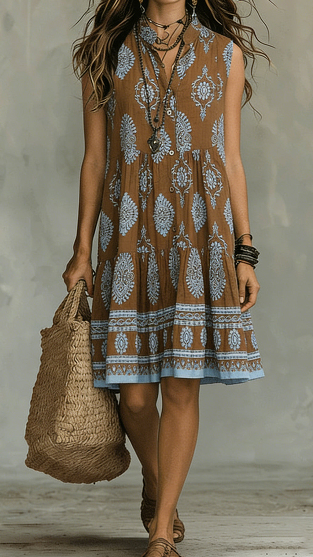 [Buy 2 Free Shipping]Bohemian-Style Printed Sleeveless Maxi Dress with Shirt Collar