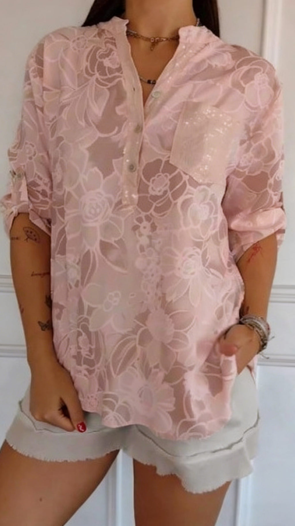Women’s Casual Printed Shirt with Patch Pockets and Sequins
