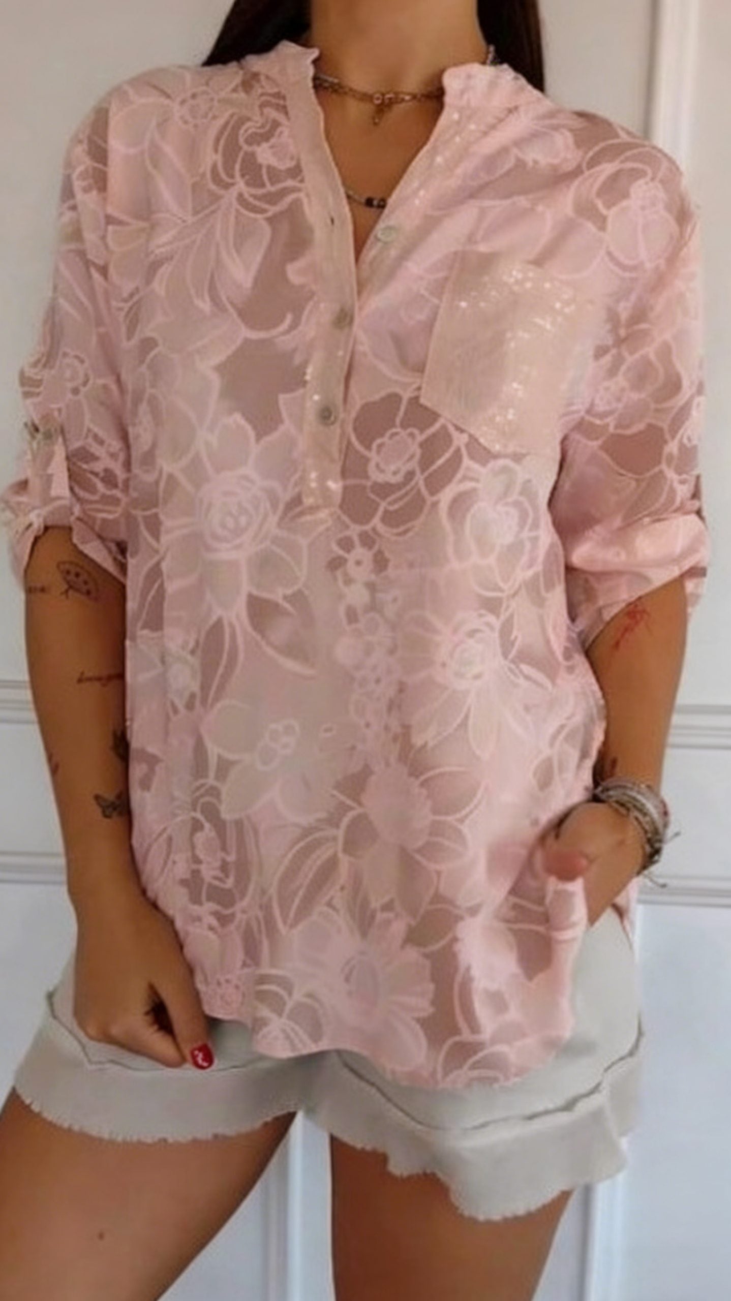 Women’s Casual Printed Shirt with Patch Pockets and Sequins