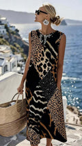 Polyester Sleeveless Leopard Print Maxi Dress
