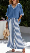 Solid-Color Top & Striped Wide-Leg Pants Set — Loose-Fit, Slimming, and Breathable