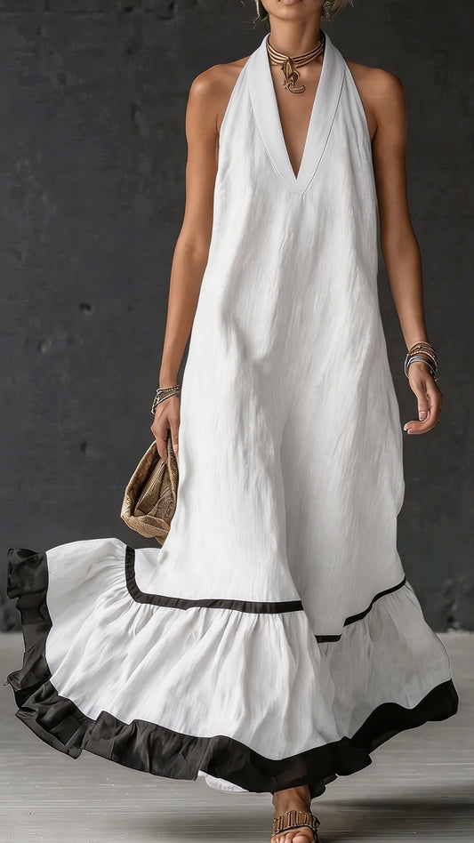 Elegant & Romantic Color-Block Halter Maxi Dress ✨ Plus-Size Friendly