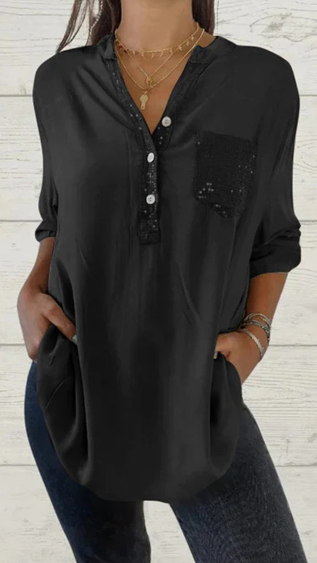 Solid color V-neck pocket women’s top shirt in multiple colors