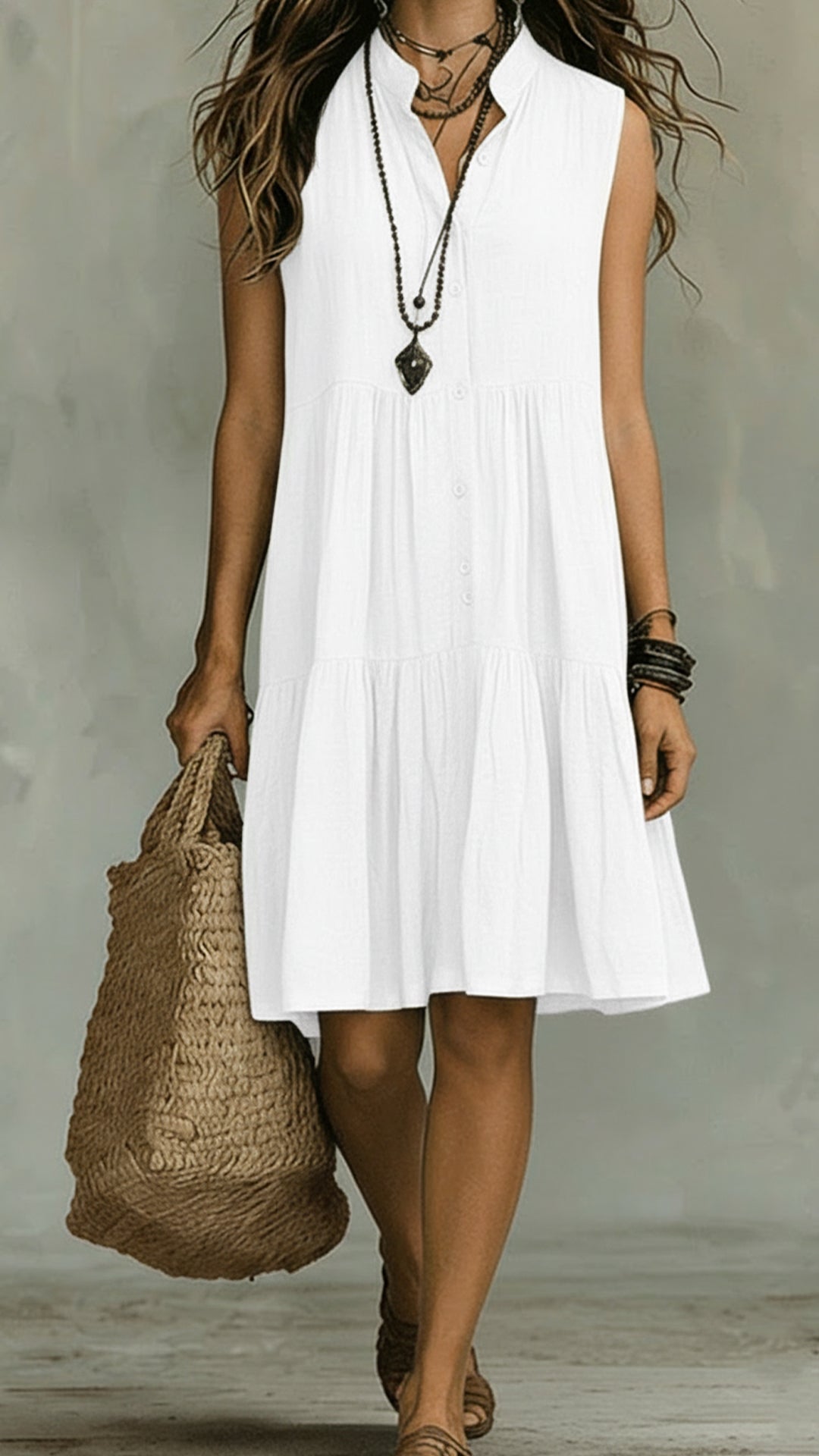 [Buy 2 Free Shipping]Bohemian-Style Printed Sleeveless Maxi Dress with Shirt Collar