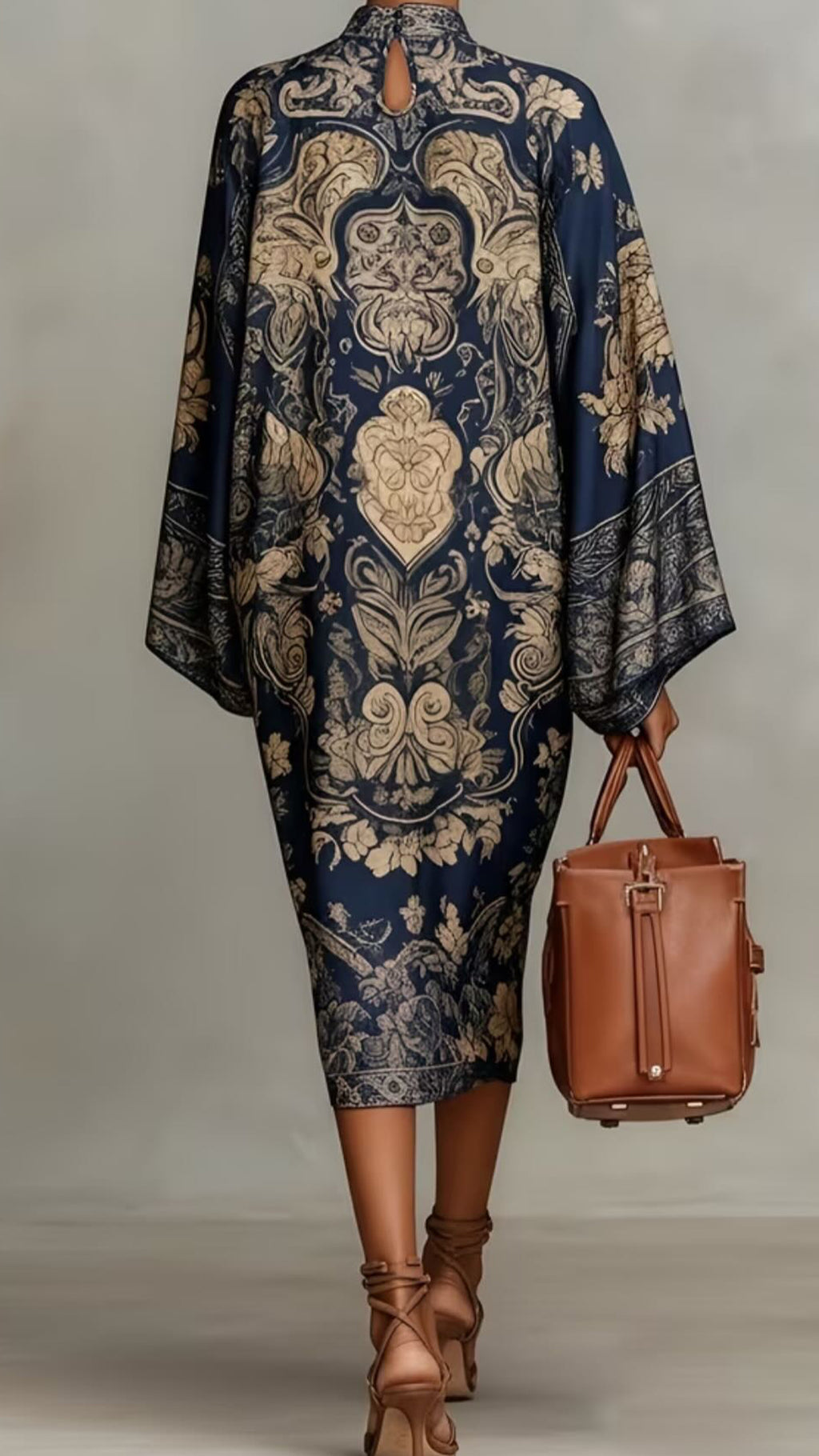 Women’s Retro Stand Collar Wide Sleeve Printed Midi Dress