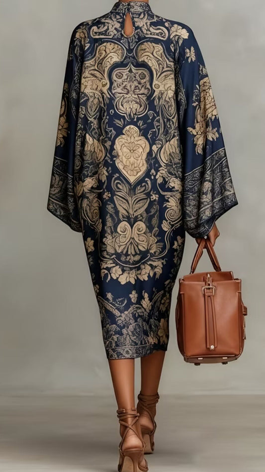 Women’s Retro Stand Collar Wide Sleeve Printed Midi Dress
