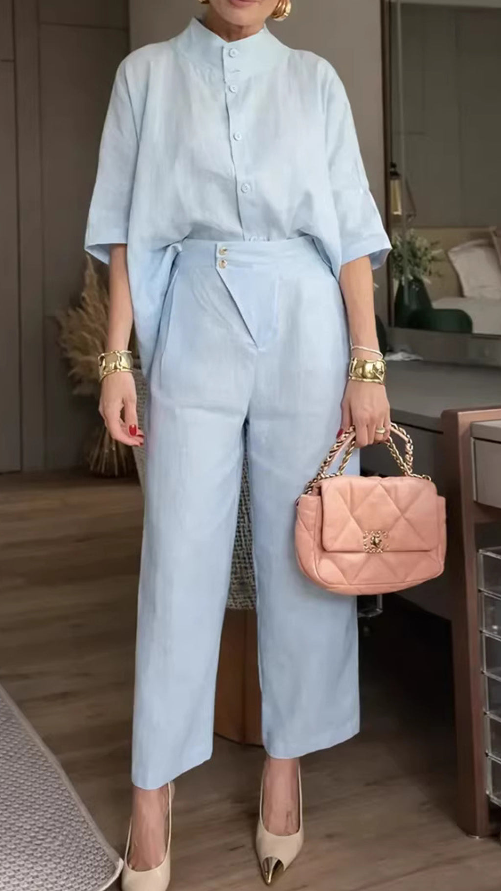 Women’s Stand Collar Batwing Sleeve Linen Shirt + Wide-Leg Pants Set