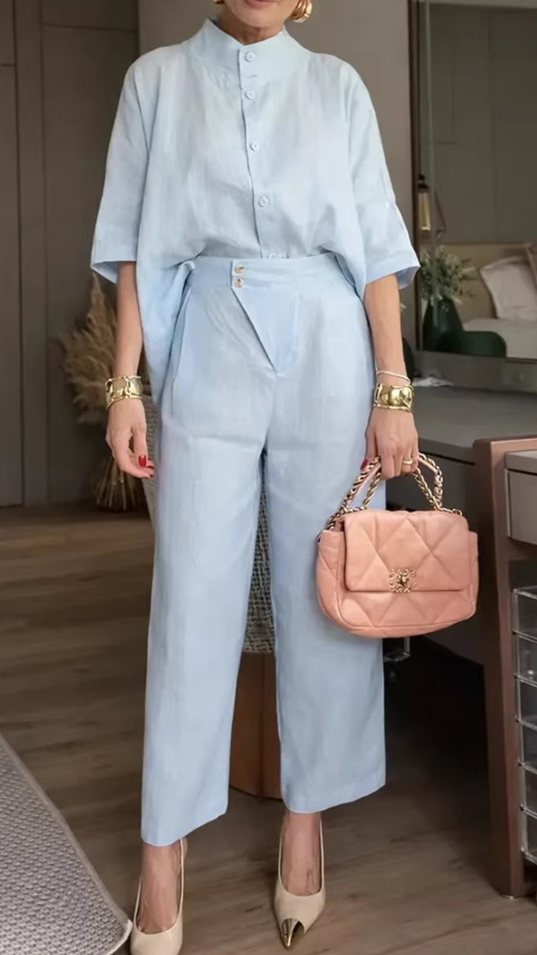 Women’s Stand Collar Batwing Sleeve Linen Shirt + Wide-Leg Pants Set