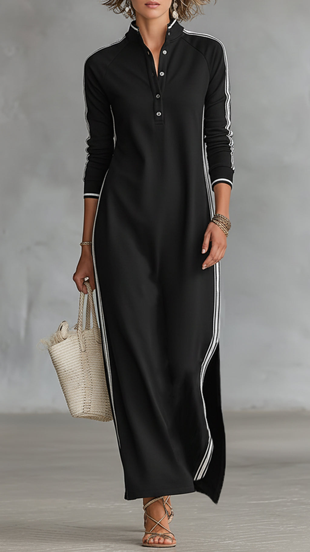 Women’s Black and White Striped Sporty Stand-Collar Maxi Dress