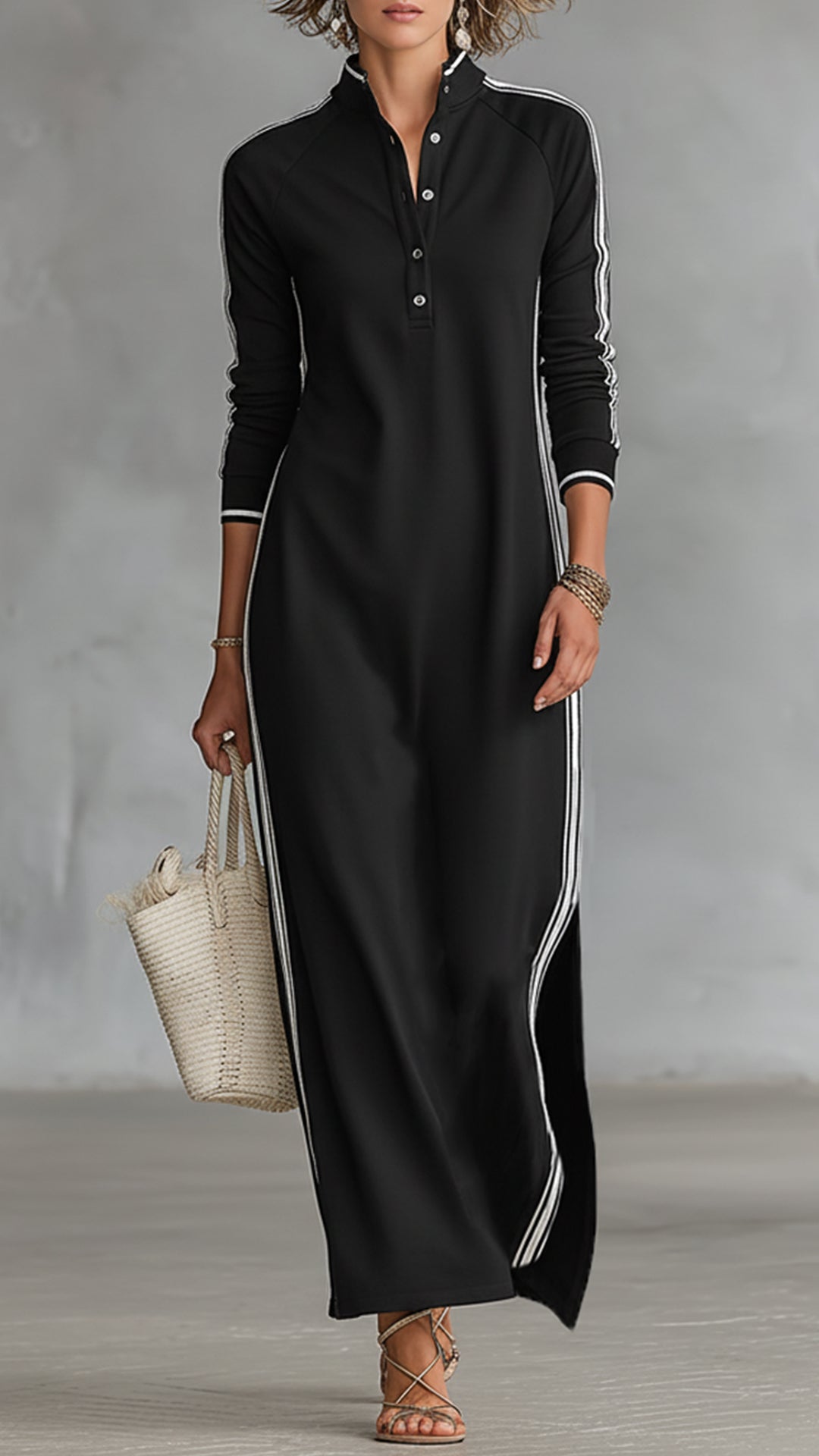 Women’s Black and White Striped Sporty Stand-Collar Maxi Dress