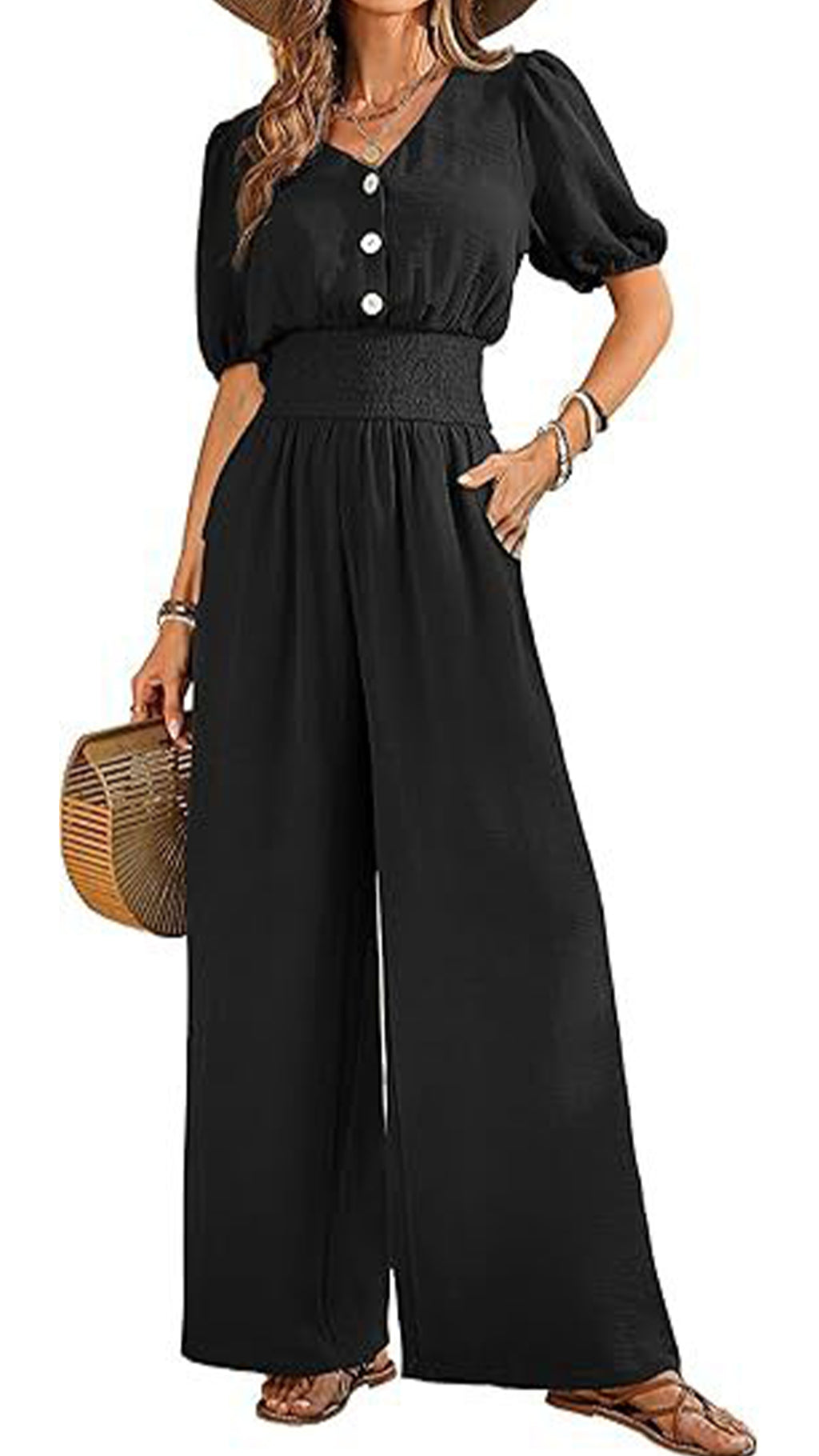 Women’s V-Neck Jumpsuit with Puff Sleeves, Cinched Waist, and Wide Legs