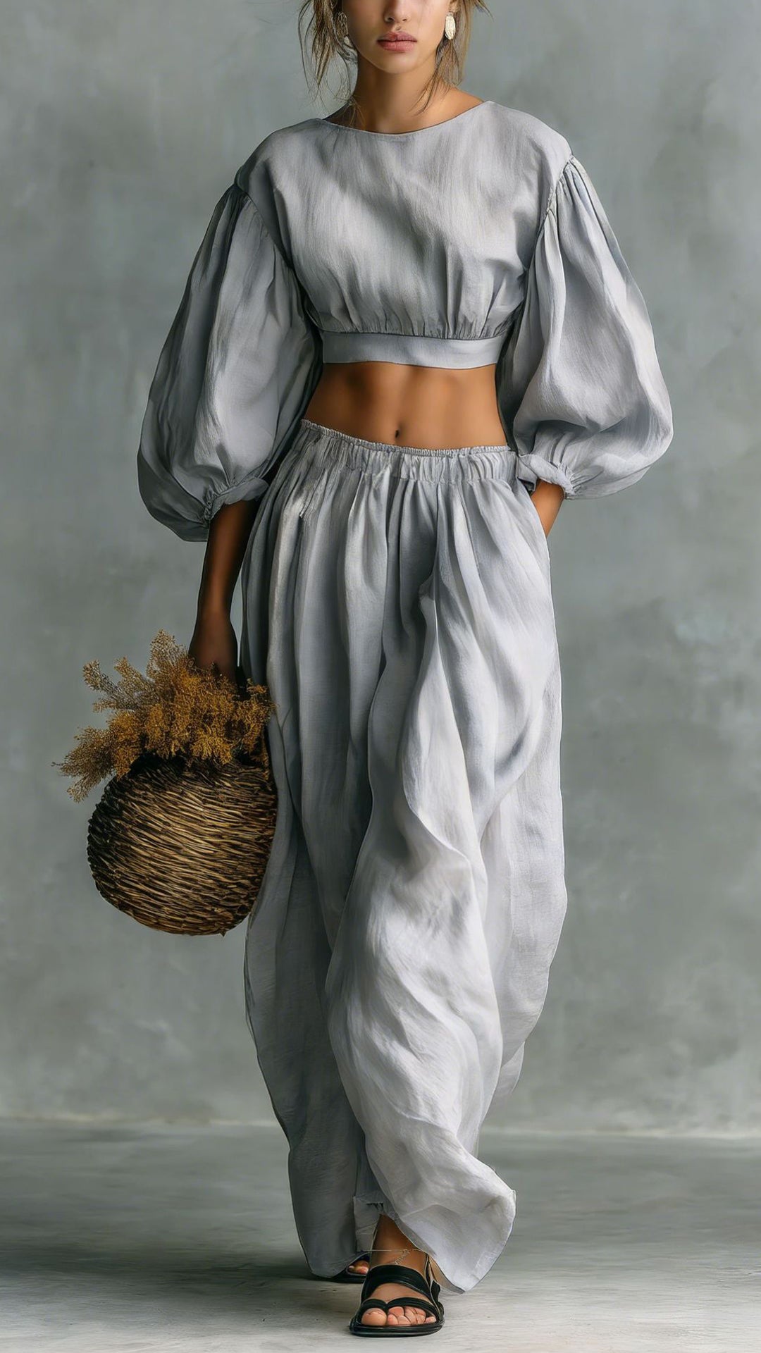 Women’s Puff-Sleeve, Waist-Cinching, Wide-Leg Two-Piece Set