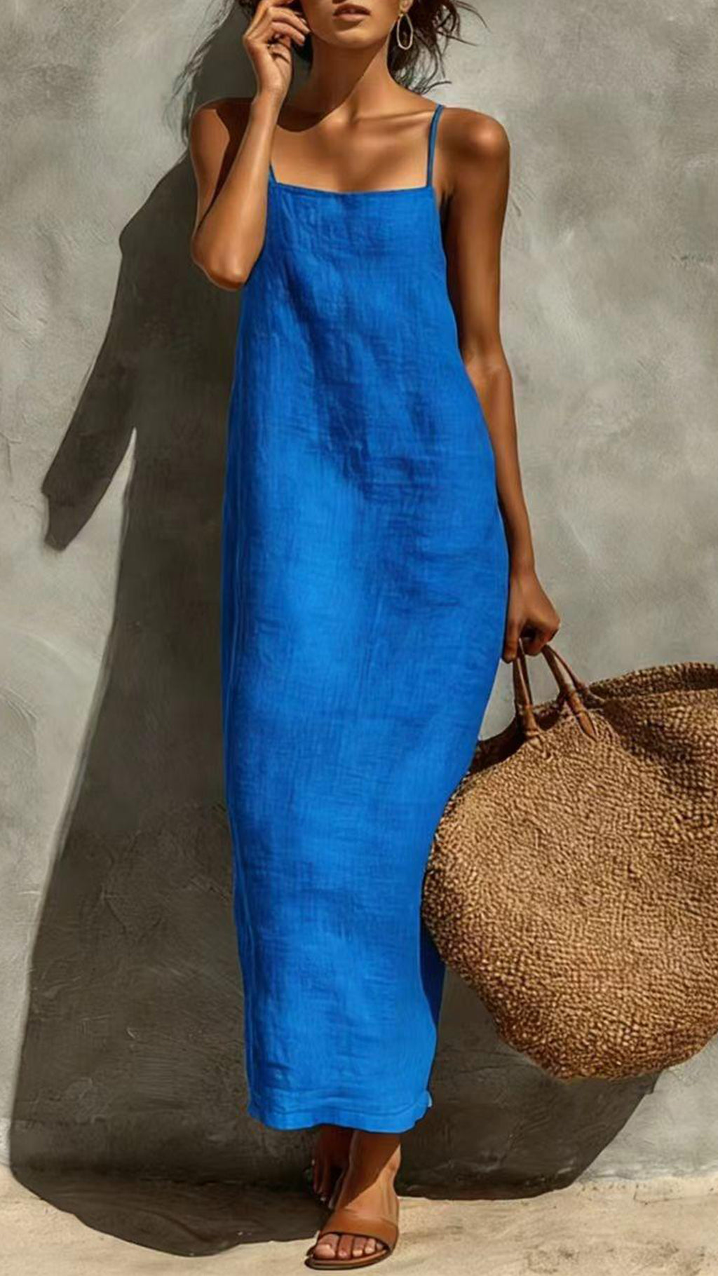 Women’s Square-Neck Straight-Cut Maxi Dress with Thin Straps