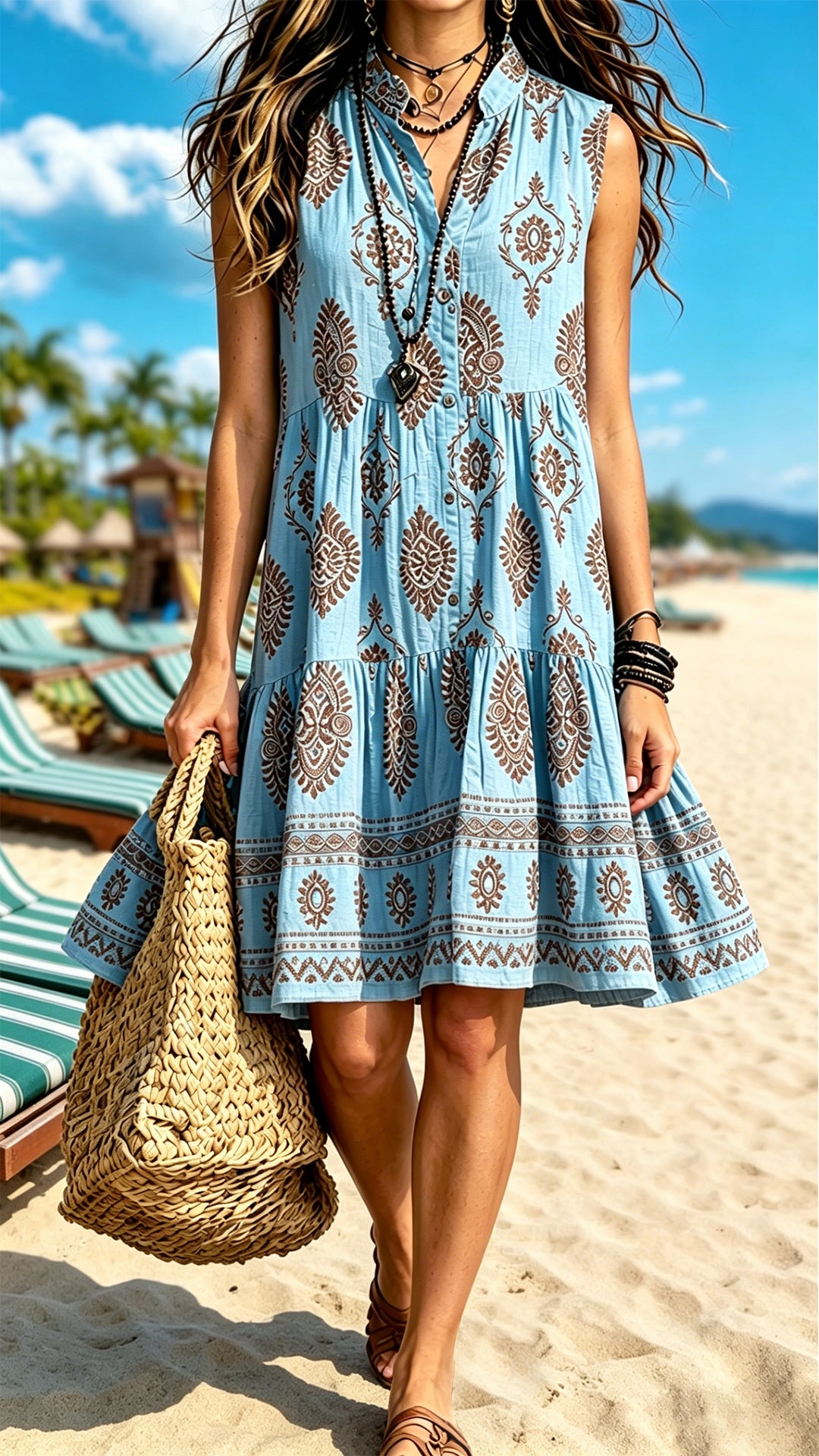 [Buy 2 Free Shipping]Bohemian-Style Printed Sleeveless Maxi Dress with Shirt Collar