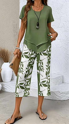 Women’s Irregular Hem Printed Loose Short Sleeve Two-Piece Set
