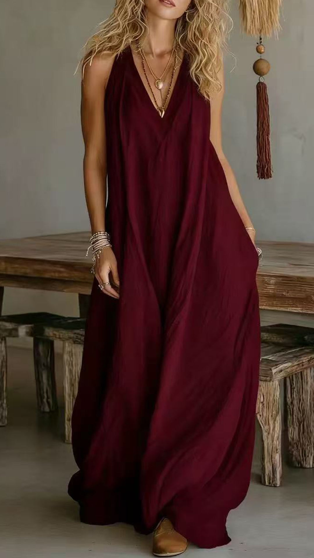 Women’s Halter V-Neck Linen-Blend Maxi Dress
