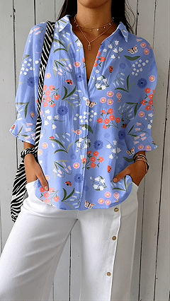 Women’s Blue Floral Print Polyester Shirt