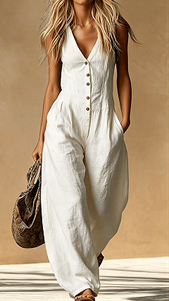 Women’s Cotton-Blend V-Neck Sleeveless Wide-Leg Jumpsuit