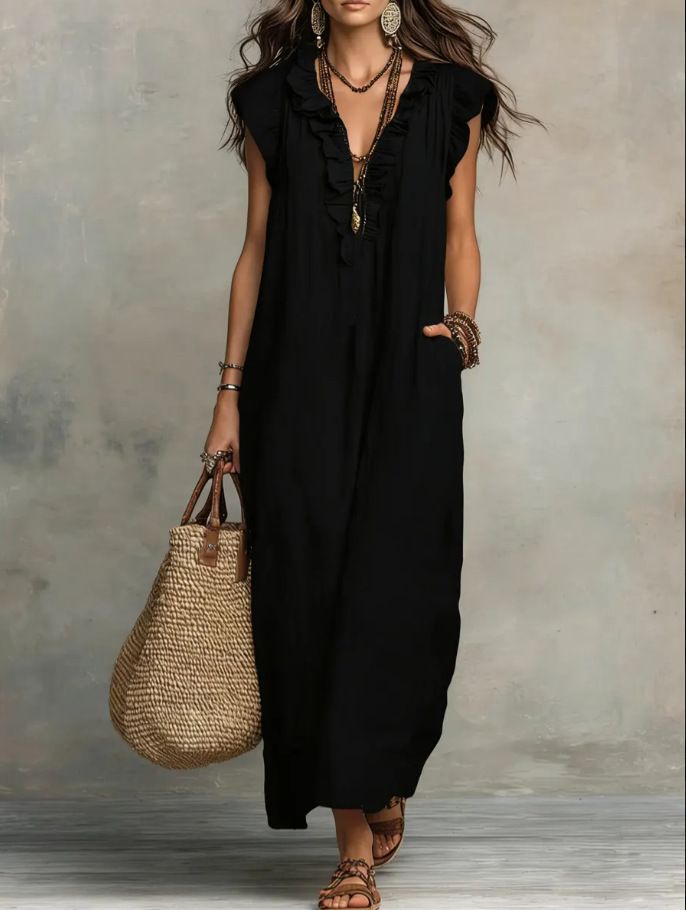 Women’s Solid Color Ruffled Art Casual Fashion Cozy Cotton Linen Dress