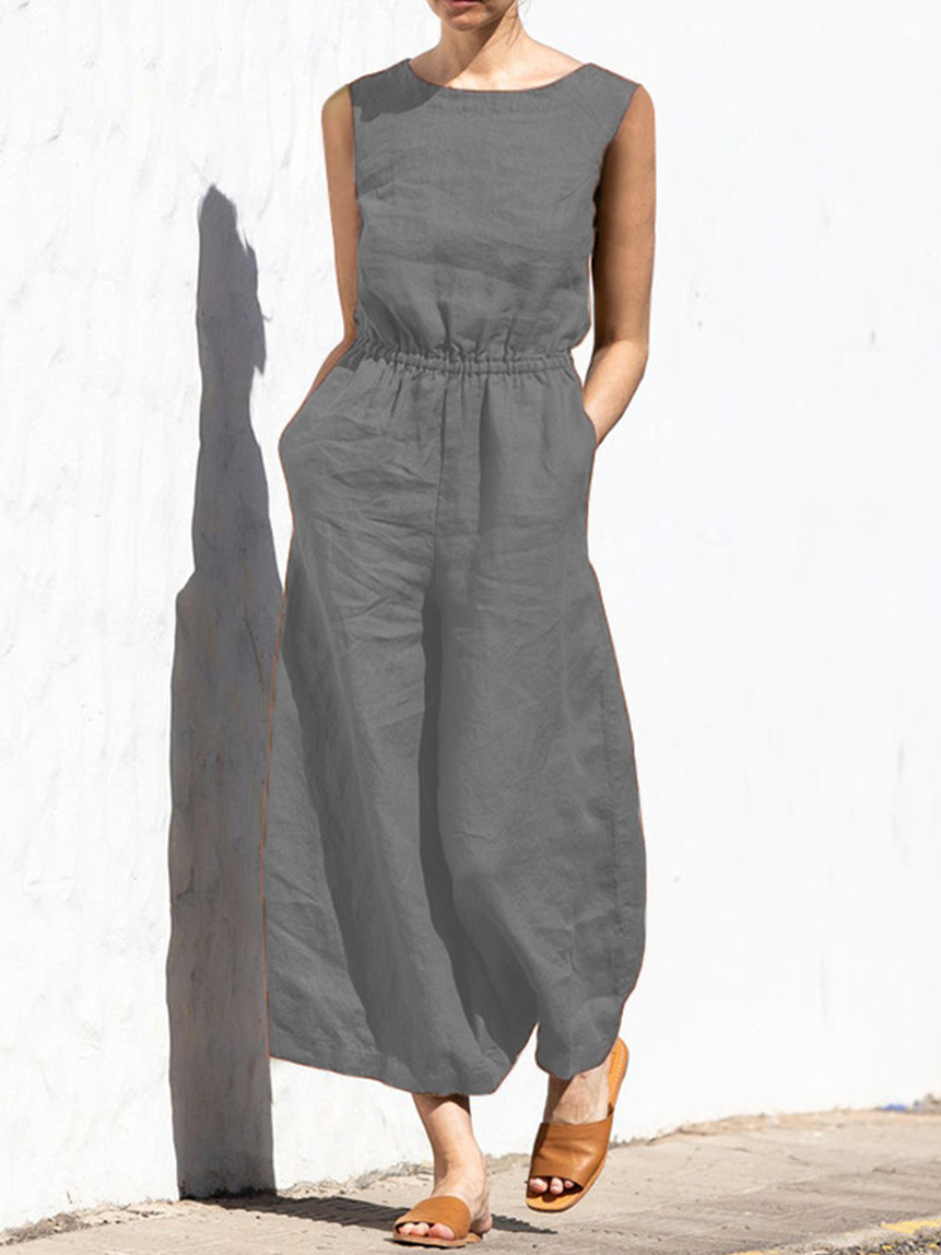 Women’s Solid Color Loose Elegant Casual Sleeveless Jumpsuit