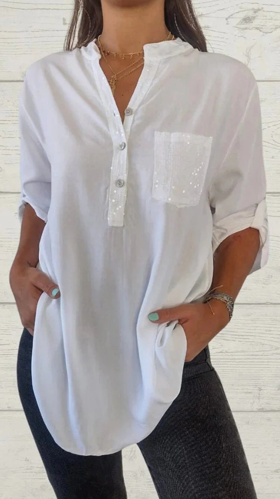 Solid color V-neck pocket women’s top shirt in multiple colors