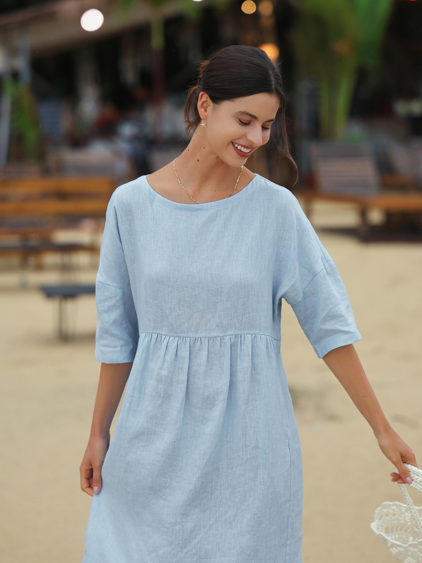 Women’s Cotton-Linen Casual Short-Sleeve Dress Loose Fit, Round Neck, Pockets, and Pleated Details