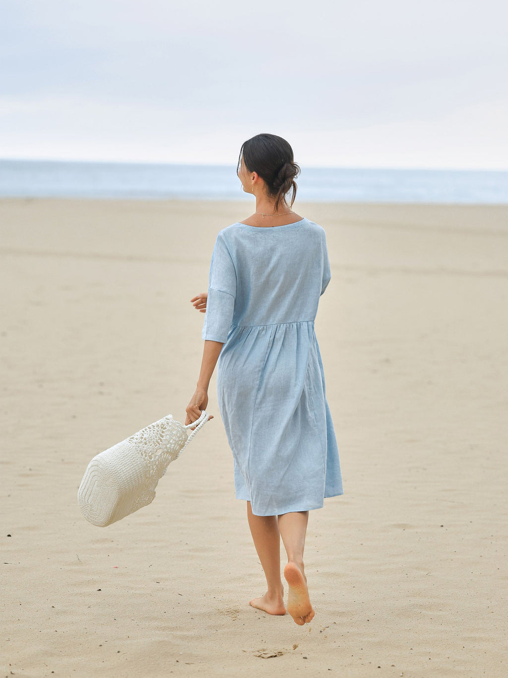 Women’s Cotton-Linen Casual Short-Sleeve Dress Loose Fit, Round Neck, Pockets, and Pleated Details