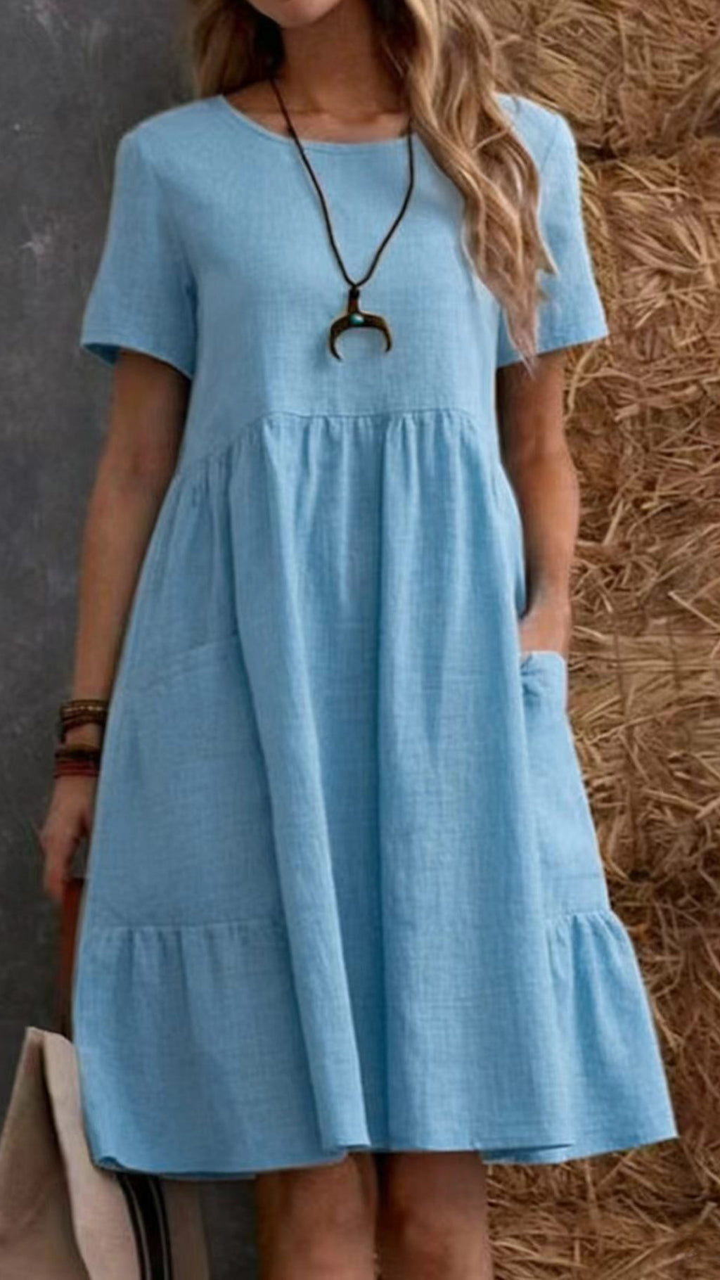 Women’s Cotton-Linen Round Neck Ruffle Hem Dress