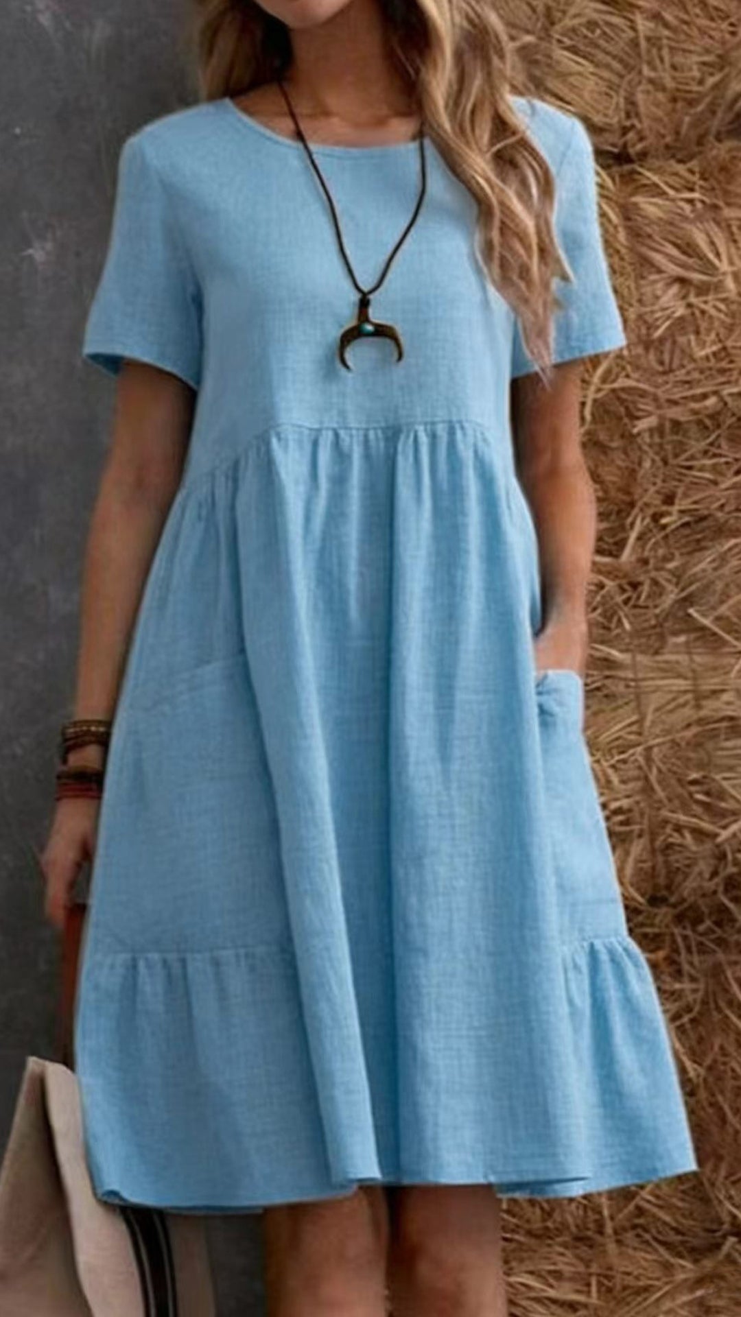 Women’s Cotton-Linen Round Neck Ruffle Hem Dress