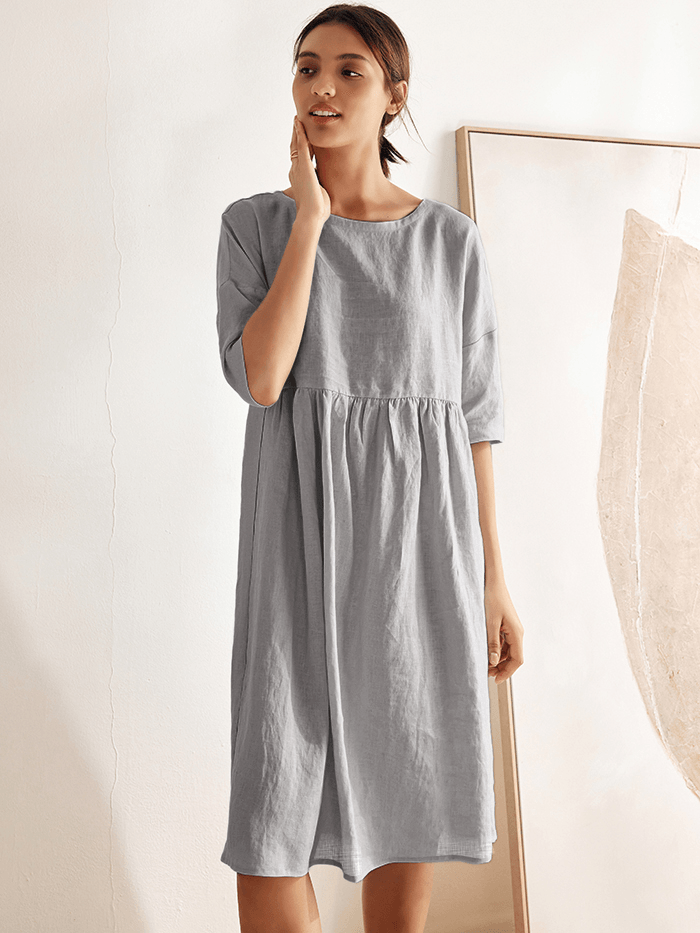 Women’s Cotton-Linen Casual Short-Sleeve Dress Loose Fit, Round Neck, Pockets, and Pleated Details