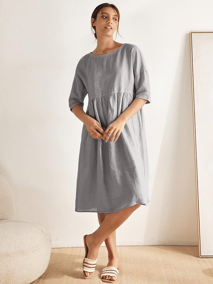 Women’s Cotton-Linen Casual Short-Sleeve Dress Loose Fit, Round Neck, Pockets, and Pleated Details