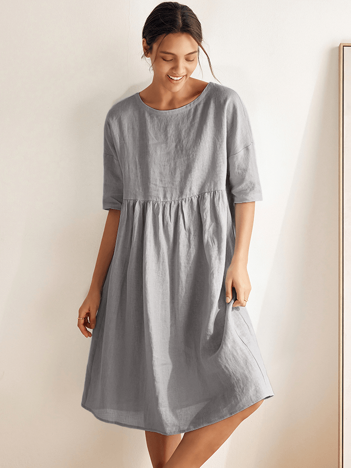 Women’s Cotton-Linen Casual Short-Sleeve Dress Loose Fit, Round Neck, Pockets, and Pleated Details