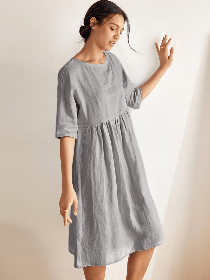 Women’s Cotton-Linen Casual Short-Sleeve Dress Loose Fit, Round Neck, Pockets, and Pleated Details