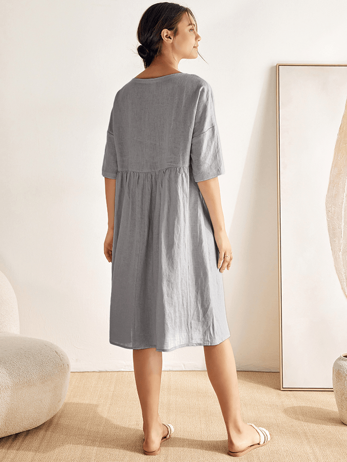 Women’s Cotton-Linen Casual Short-Sleeve Dress Loose Fit, Round Neck, Pockets, and Pleated Details