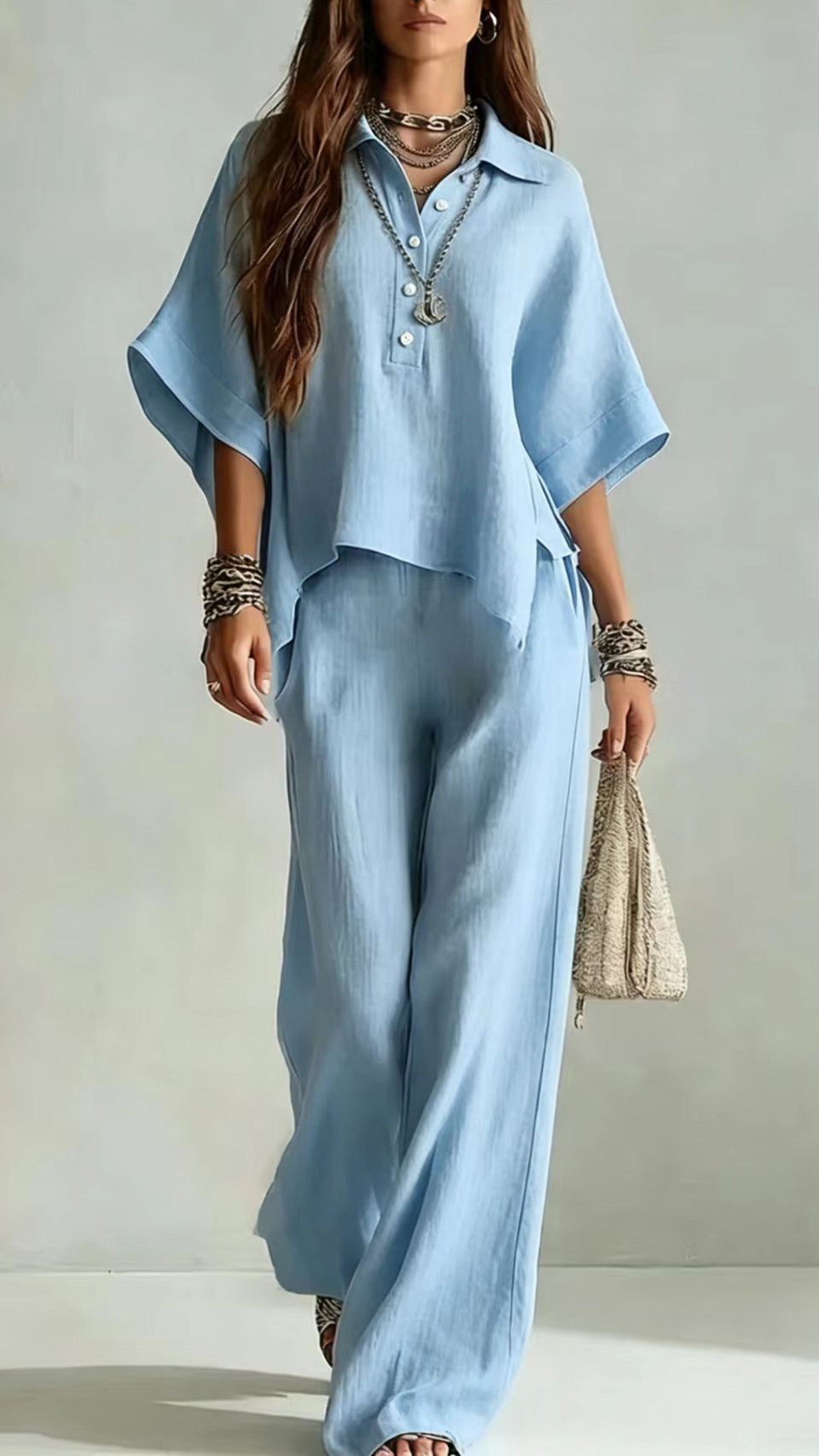 Women’s Cotton-Blend Henley Neck Wide-Leg Pants Set