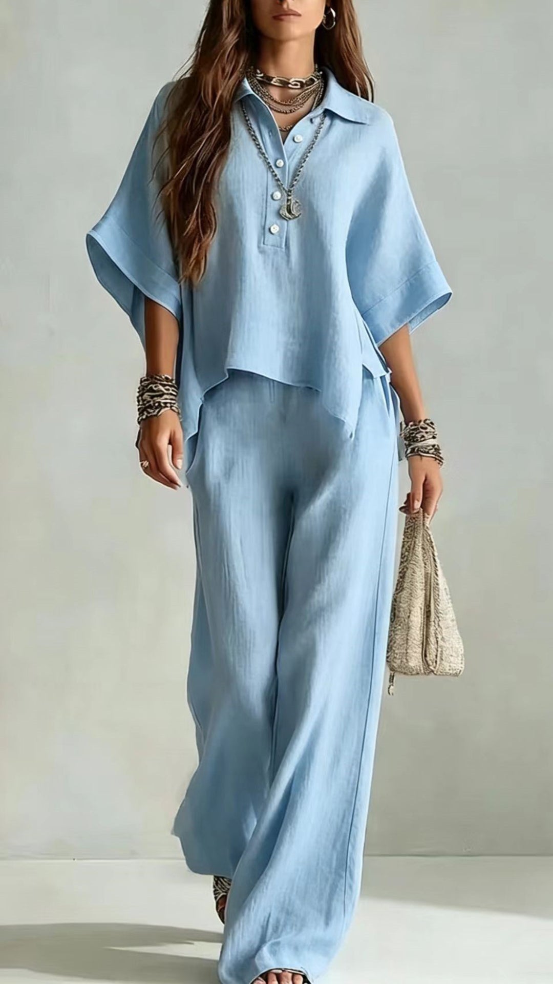Women’s Cotton-Blend Henley Neck Wide-Leg Pants Set