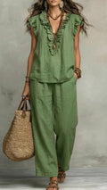 Women’s Cotton-Blend Ruffle V-Neck & Wide-Leg Pants Set
