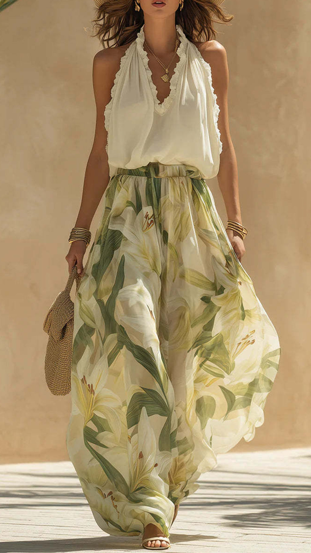 🔥Women’s Cotton-Blend Halter Ruffled Floral Wide-Leg Pants Set