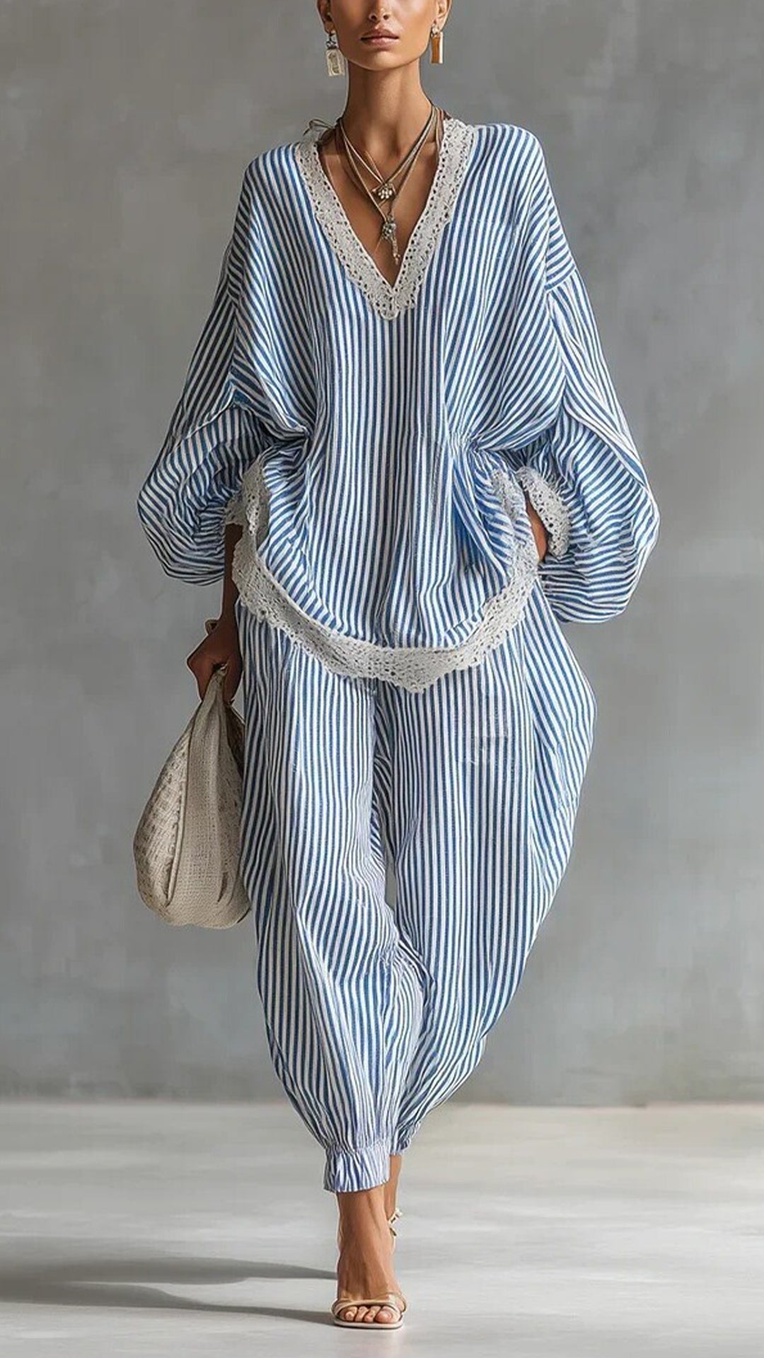 Women’s Cotton-Blend Lace Trim Striped Wide-Leg Pants Set