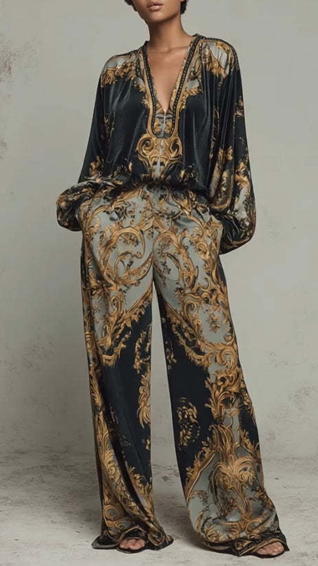 Women’s Cotton-Blend Baroque Print Wide-Leg Pants Set